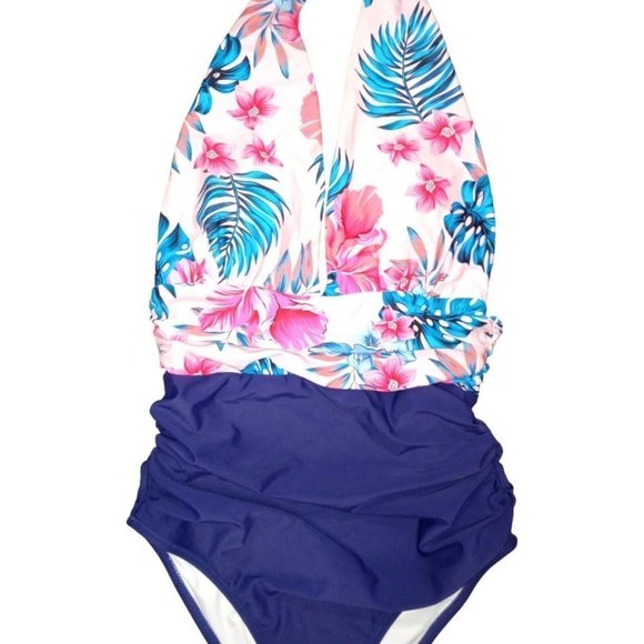 CUPSHE Navy Floral Deep V-neck Halter One-Piece Swimsuit Sexy Backless L… - Picture 9 of 9